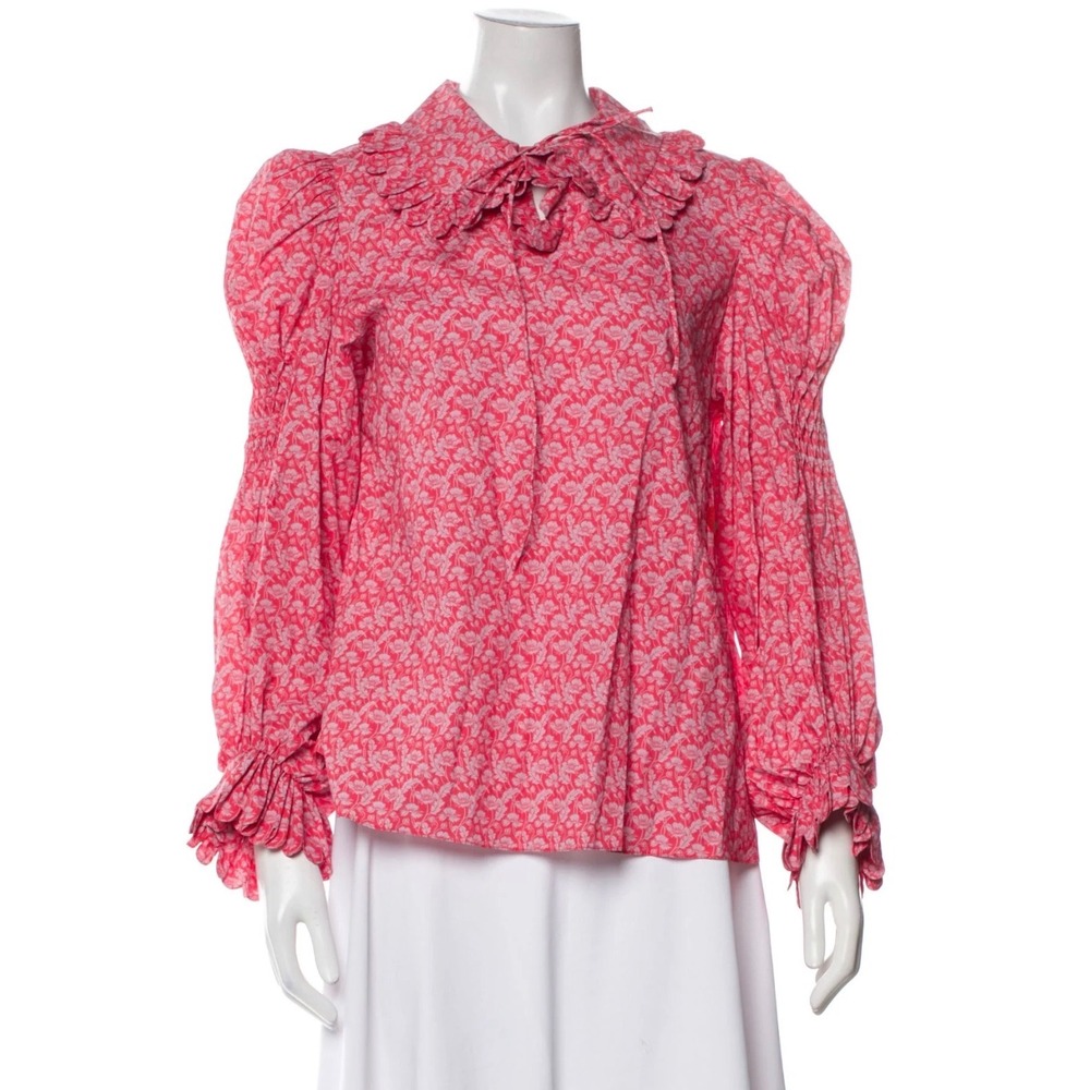 Horror Vacui Floral Puff Sleeve Size Medium Ruffle Collar Tie Neck Blouse Shirt‎